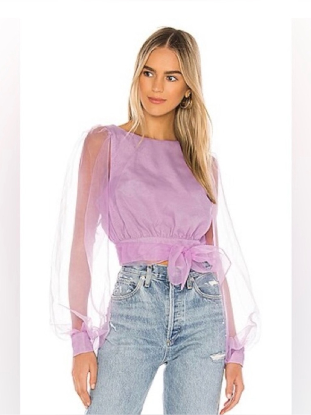 Lovers + Friends Lavender Sheer Puff-Sleeve Crop Top